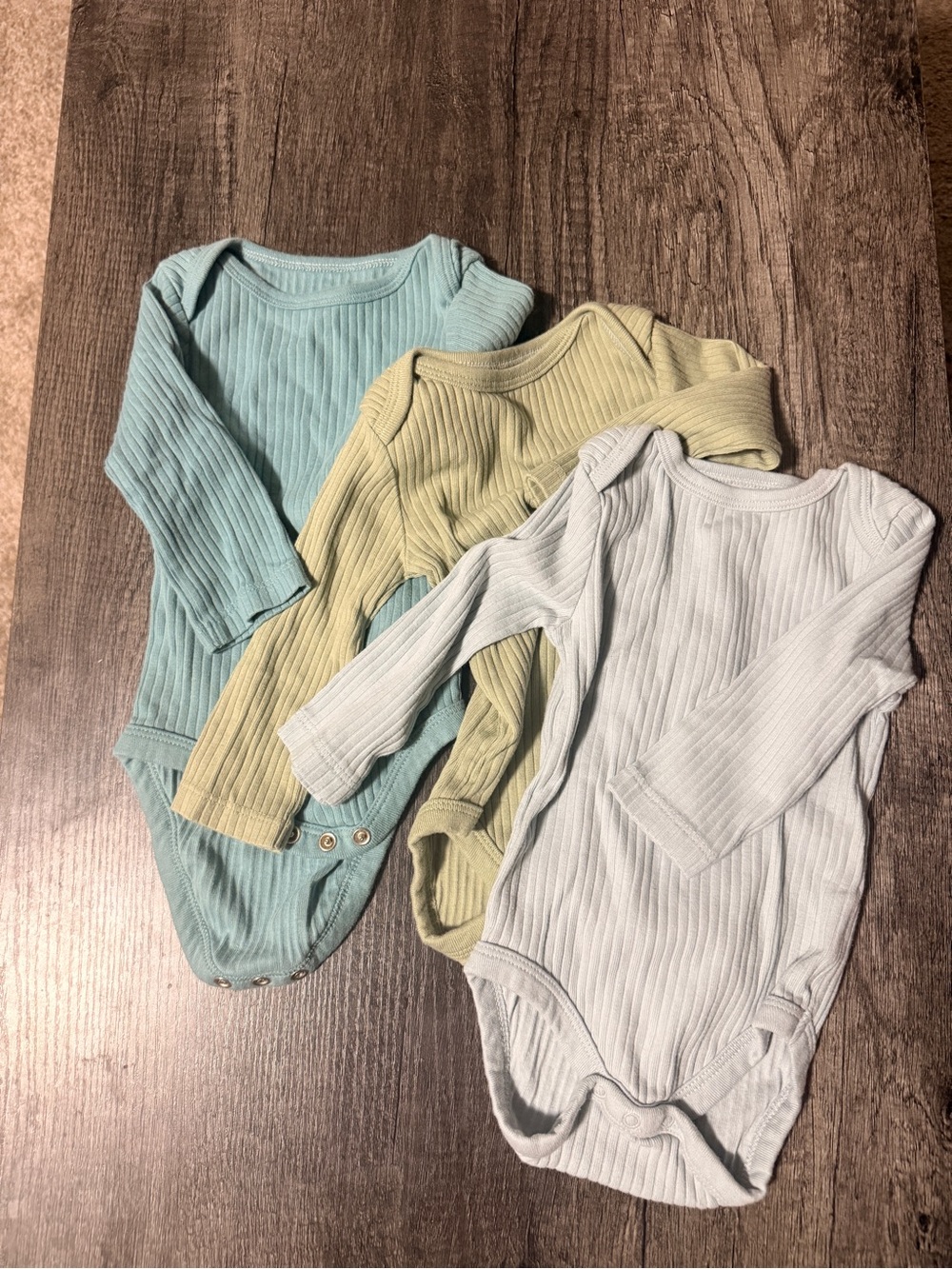 3-Pack Ribbed Long-Sleeve Baby One-Pieces in Sage, Light Blue, and Teal